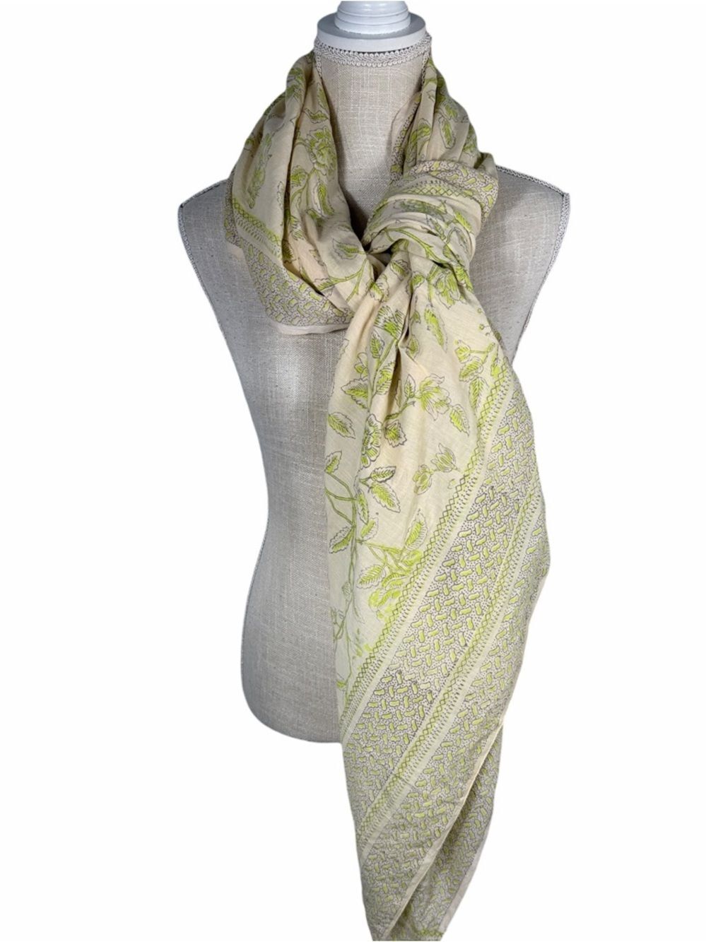 Malatesta New York Ivory & Green Cotton Beaded Tassel Large Scarf Wrap